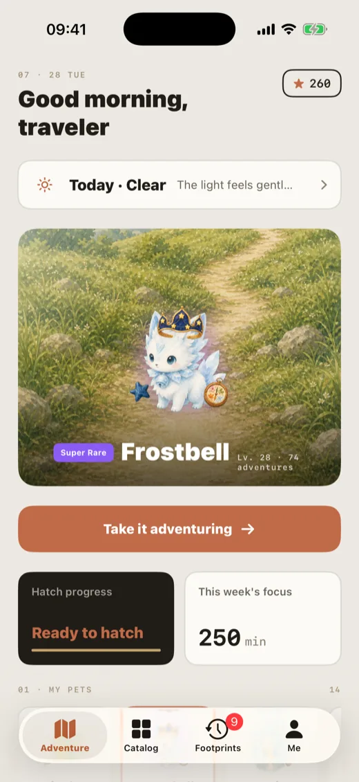Lumea adventure home showing a pet, hatching progress, and the start button in a watercolor scene