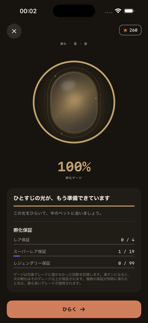 Lumeaの孵化画面。100%になった進みを表示