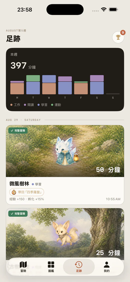 Lumea 足跡頁，顯示 397 分鐘週統計和多筆冒險記錄