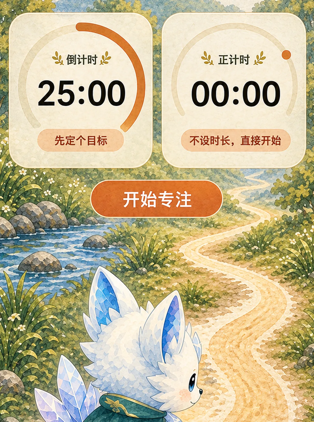 Lumea 专注开始宣传画面:倒计时「先定个目标」与正计时「不设时长,直接开始」并列在水彩森林小径上